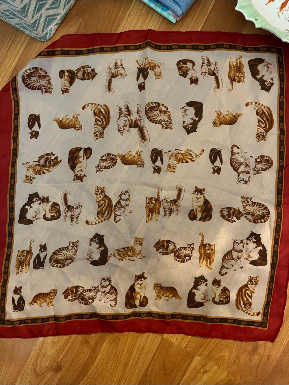 Vintage Cat Print Square Scarf in Cream and Brown with Red Border 70s